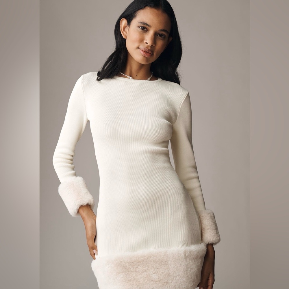 Delfi Collective Faux-Fur Trim Long Sleeve Mini Sweater Dress - ANTHROPOLOGIE
